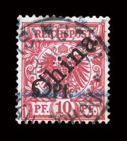 4, 1900 5 Pf. Surcharge on 10pf Carmine, used, deep vibrant color, light c.d.s. postmark, a fine example of this rare stamp signed Bothe (Michel 2 Ç4,000).