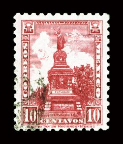735B, 1934-37 10c Brown lake, perf. 10 12, with fiscal watermark, deeply rich color, lightly cancelled, very fine this is the rarest 20th century stamp of Mexico and one of
the major rarities in all of Mexican philately, with only five or si