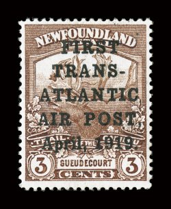 C1, 1919 3c Brown, with FirstTrans-AtlanticAir PostApril, 1919. overprint, the so-called Hawker air post, an outstanding mint example of this important air post rarity, with
manuscript initials (of the postmaster) J.A.R. on the reverse