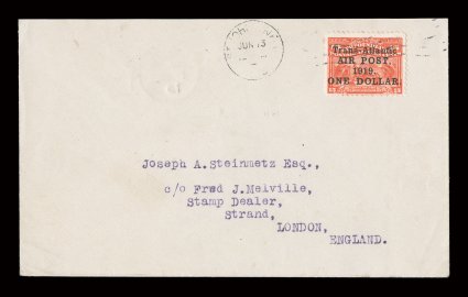 C2, 1919 $1.00 Air post surcharge on 15c Scarlet, single with bright color tied by St. Johns Jun 13, 1919 pmk. on Trans-Atlantic flight from Newfoundland to Ireland, addressed
to London (June 17 backstamp), the strong impression of the backstam