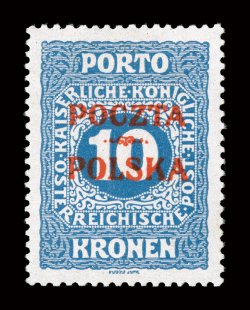 J10, 1919 10K Ultramarine postage due with Cracow overprint, an extraordinary quality mint single of this enormous rarity, being perfectly centered within large margins,
marvelously bright and fresh as well, o.g., tiny bit of h.r., extremely fin