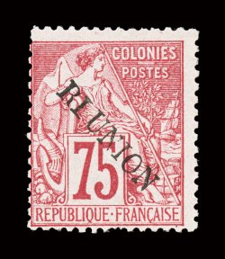 27, 1891 75c Carmine rose, with Reunion ovpt., with variety RIUNION caused by broken E, bright color, o.g., lightly hinged, fine 2000 Behr certificate (Yvert 27
Ç680+).