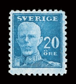 144, 1920 20ö Blue, perf. on all four sides, watermark wavy lines, an outstanding mint example of one of the two rarest 20th century stamps of Sweden (the other being 189A
offered in lot 2719), possessing far better centering than normally