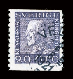 189A, 1921 20ö Violet, perf. 10 vert., watermarked wavy lines, an exceptionally fresh and completely sound examples of one of the rarest stamps in all of Swedish philately,
with lovely rich color on bright paper, light 1921 c.d.s., very fine