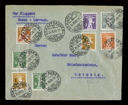 C1, 1920 30c Yellow brown and pale green air post, tied along with seven William Tell definitives by SchaffhausenBriefaufgabe24.XI.20 c.d.s pmks. on cover to Leipzig, stamp is
well centered, faint file fold at right does not affect stamps or