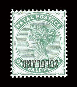 12c, 1888 12p Green, with inverted Zululand overprint, choice example of this rare variety, lovely rich color on bright crisp paper, well centered, o.g., lightly hinged, very
fine a pristine example of this difficult error signed H. Bloch a