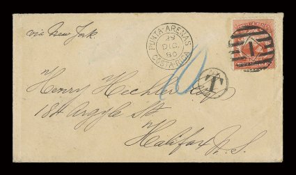 2, 1863 2r Scarlet, fine single, tied to neat cover to Halifax, Nova Scotia by clear strike of barred numeral postmark of Puntarenas, with matching clear Punta-Arenas. 29 Dic.
80Costa-Rica double ring c.d.s. to left (PUN-Pmk5), endorsed in ma