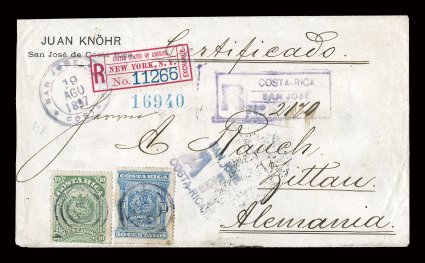 40, 1892 50c Gray blue, tied along with 10c Light green (38) by target cancel on 1897 registered cover to Germany, 1c Greenish blue (35) tied on back by numerous transit and
receiving postmarks, San JoseARCosta Rica unframed boxed handstam