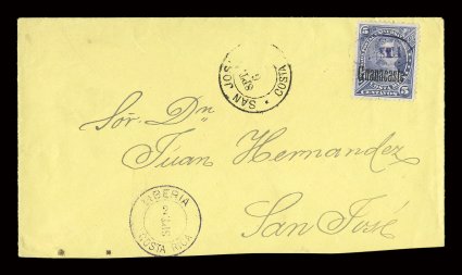 42, 1888 5c Violet blue, another example of this stamp on a rare cover, also tied by Liberia in violet oval pmk. on yellow cover to San Jose, matching LiberiaSpt 2Costa Rica
c.d.s., San Jose receiver, opened at bottom, quite fresh, very fi