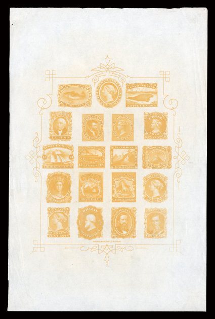 1868 American Bank Note Company trade sample sheet, engraved in golden yellow on mesh wove paper, the complete sheet displaying nineteen different stamps having been produced by
the ABNC, including the Costa Rica 1863 2r First Issue in position 1