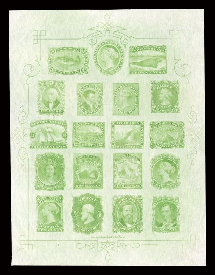 1868 American Bank Note Company trade sample sheet, engraved in bright olive green on bond paper, a lovely complete sheet with only minor marginal paper wrinkling, very
fine.