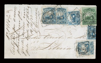 1, 3, 1863 12r Blue and 4r Green, five singles from Plate 2 of the former and a single of the latter, all tied to a stunning certified cover from Puntarenas to Liberia by the
fancy boxed starburst cancel (PUN-Can4) of Puntarenas, the 4r stamp