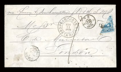 1 var., 1863 12r Blue, diagonal bisect, tied to an extraordinarily handsome and rare cover to London by boxed 11 May 79 handstamp cancel, with matching San JoseMay 11, 1879Costa
Rica large double circle postmark to left (SJ-Pmk8), the cov