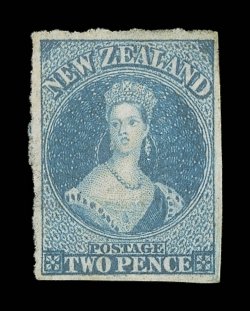 2d. dull blue on blued paper, unused with part original gum, large to extremely large margins showing small piece of adjoining stamp at left and burr-rubbing at lower right
corner, luxuriously rich color and sharp impression. One of the finest ex