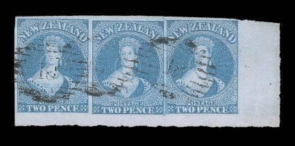 2d. blue, a lower right corner horizontal strip of three, Row 2010-12, fresh bright color, good to enormous margins and each cancelled 18 at Otago light vertical crease in the
right-hand margin, otherwise fine. A rare and impressive multiple.