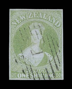 1- green, good regular margins and crisply cancelled 1 at Auckland very fine and an outstanding example. Holcombe Certificate (1992). Sc. 6 S.G. 6, £3,750. provenance: C.W.
Meredith, 1960