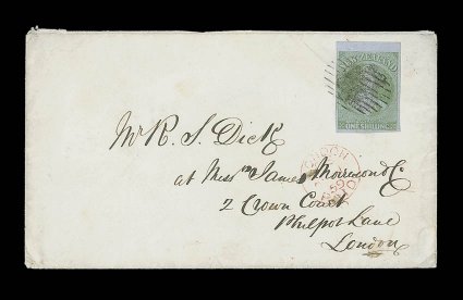 1859 (7 Jan.) double rate envelope from Otago to London, bearing 1- green marginal example from the top of the sheet and with large margins on the other three sides, twice
cancelled with indistinct obliterator and showing London Paid c.d.s. in r