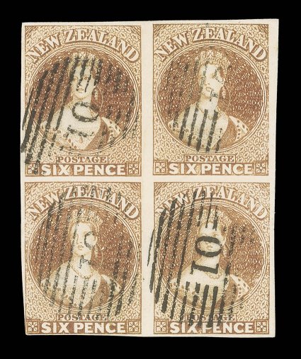 6d. brown on hard paper, a block of four with large to very large margins all round, the lower left corner just touched, each clearly cancelled 10 at Wellington one stamp with
small thin and the block with some pressed wrinkling, otherwise fin