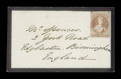 1860 (27 Dec.) mourning envelope from Otago to Birmingham, bearing 6d. brown with large to very large margins all round and lightly cancelled 18, despatch and arrival (21.3)
c.d.s. on reverse. R.P.S. Certificate (1974). Sc. 9 S.G. 13. prove