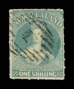 1- blue-green, a large example with roulettes clearly visible on two sides and with traces of them on the other two side, neatly cancelled 1 at Auckland thinned at top though
of fine appearance and an attractive example of this rare stamp. B.