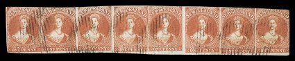 1d. orange-vermilion, a horizontal strip of eight clearly illustrating the great variation in the laying down of the plate varying horizontally and vertically from almost
touching to 2mm. apart, good to very large margins across the whole length