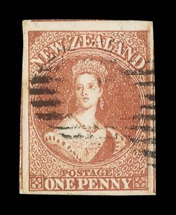 1d. vermilion, a huge example showing portions of three adjoining examples, light bars cancellation leaving face clear. A exceptional stamp and very likely the largest example
recorded. B.P.A. Certificate (1991) states orange-vermilion. Sc. 11e