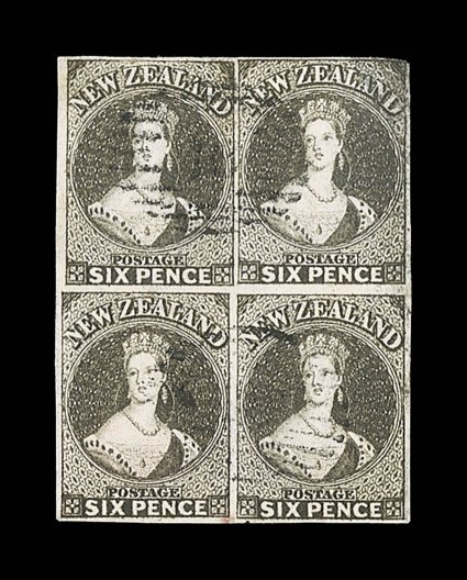 6d. black-brown, a block of four with good to large margins nearly all round, each horizontal pair lightly cancelled 16 at Nelson upper right stamp with pinhole and the
right-hand pair with stains confined to reverse. A very rare multiple. Sc.