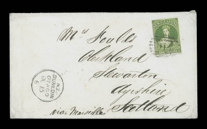 1863 (16 Jan.) ¼oz.-½oz. envelope from Tokomairiro (later named Milton) to Stewarton, Scotland, bearing 1- yellow-green with close to very large margins and neatly cancelled
014 in oval of bars, Dunedin transit c.d.s. (13.10) on face, the reve