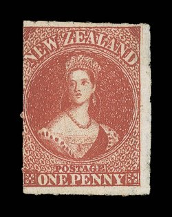 1d. carmine-vermilion with marginal line watermark at right, fresh unused without gum, bright fresh color, roulettes showing on all sides. A fine example of this rare and
seldom offered stamp. B.P.A. Certificate (1989). Sc. 11a group S.G. 48a, £