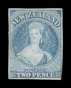 2d. dull deep blue, unused and regummed, fresh bright color and with good regular margins nearly all round. An attractive example of very fine appearance. Rare and most
appealing. Odenweller (2006) and R.P.S. (2007) Certificates. Sc. 26a S.G. 96