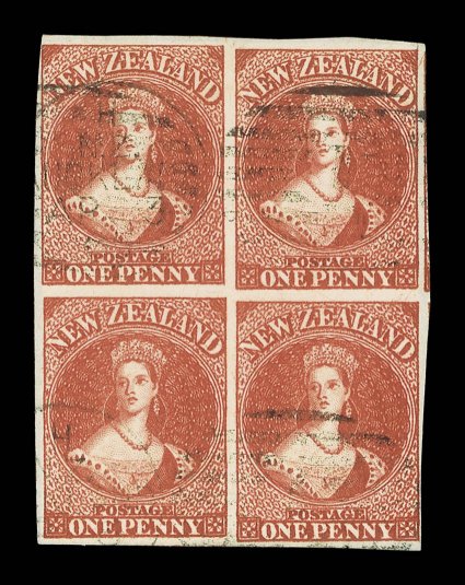 1d. carmine-vermilion block of four with watermark inverted and reversed, printed in a lovely rich shade and with clear to very large margins showing trace of adjoining stamp
at right, mainly lightly cancelled with strikes of the Auckland 1 dup