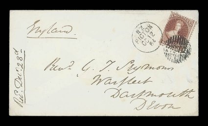 1864 (12 Oct.) envelope from Picton to Dartmouth, bearing 6d. red-brown in a lovely fresh bright shade and neatly cancelled by picton in circle of vertical bars and with
Picton c.d.s. alongside, London and arrival c.d.s. (23.12) on revers