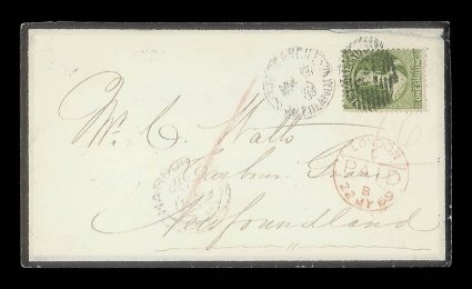 1869 (Mar.) mourning envelope from Invercargill to Harbour Grace, bearing 1- deep green placed sideways and tied by 21 duplex, showing red crayon 1 and 16, London Paid transit
c.d.s. (22.5) and light arrival datestamp. A very scarce co