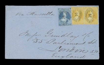 1866 (10 Feb.) blue envelope from Nelson to London, marked Via Marseilles, bearing 2d. blue Plate II (lifted and hinged back) and 4d. deep yellow pair, each centrally
cancelled 14 (not tied) and showing, on reverse, despatch and arrival (