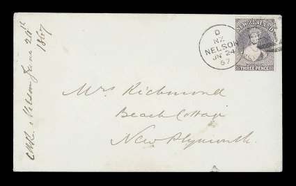 3d. lilac, a superb example in a deep shade tied by Nelson N1 duplex on 1867 (24 June) envelope to New Plymouth and showing very fine arrival c.d.s. (27.6) on reverse the
envelope with small tear at top, otherwise fine. B.P.A. Certificate (19