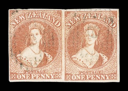 1d. pale orange-vermilion horizontal pair, clear to large margins, both lightly cancelled 6, slight creases and small tear at top of right-hand stamp, otherwise fine. Very
rare. B.P.A. Certificate (1990). Unlisted in Scott S.G. 111a, £2,500.
