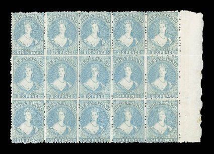 6d. pale blue, a marginal block of fifteen (5x3) from the right of the sheet and with watermark reversed, lovely fresh bright color and with large part original gum. An
outstanding multiple. Sc. 41 S.G. 136, £2,850+.