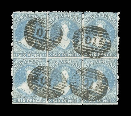 6d. blue, a block of six (3x2), imperforate at foot, neatly cancelled with four strikes of the o1 in oval of bars at Oamaru a rare and attractive block. Sc. 41 S.G. 135,
£360+.