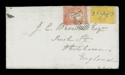 1873 (25 Sept.) envelope from Stoke to Whitehaven, bearing perf. 12½ 2d. vermilion retouched, Row 203, in combination with 1864-67 4d. yellow sharing manuscript Stoke 25.9.73
and each subsequently cancelled 15 at Nelson in transit, the r