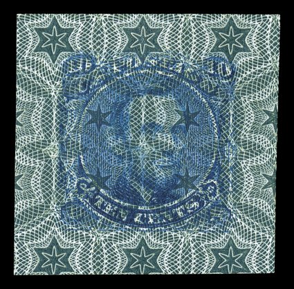 116-E6a, 10c Lincoln, unadopted design, large die essay in Blue on blue green Safety Paper, with Ty. 19 (multiple six-point stars in lathework) underprint, 29x29mm, intense
colors, couple of small thin spots, still very fine one of the most s