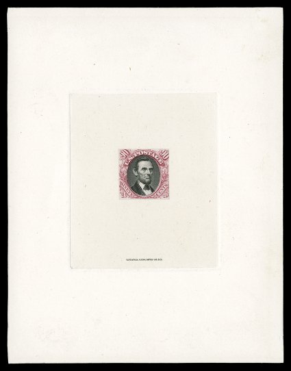 122P1, 90c Carmine and black, hybrid large die proof on India, die sunk on large card measuring 118x153mm, showing National Bank Note Co. N.Y. imprint at bottom of India,
wonderfully fresh and clean, extremely fine the 90c value only exists as