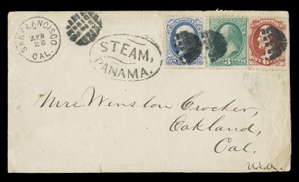 148, 6c Carmine, used in combination with 1c Ultramarine (145) and 3c Green (147), all used on a very rare cover (1872) from Panama to Oakland, Cal., stamps applied at origin
and cancelled by waffle grid postmarks, near perfect strike of f