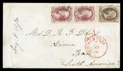 148, 6c Carmine, along with 10c Brown (150), a vertical pair of the former and a single of the latter, paying the correct 22c rate, tied to neat 1870 cover to Lima, Peru by
small circle of Vs NYFM cancels, New York21 Jul c.d.s. as
