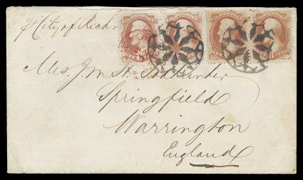 159, 6c Dull pink, two horizontal pairs, tied to 1875 cover to Warrington, England by two outstanding strikes of fancy geometric NYFM cancels, one pair also tied by light but
readable red New YorkApr 17SupPaid supplementary mail c.d