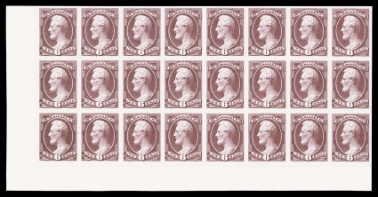 208aP3, 6c Brown red, plate proof on India, an impressive bottom left corner margin block of 24 (8x3) mounted on card, deep luxuriant color and impression on bright paper,
extremely fine a rare and handsome proof multiple.
