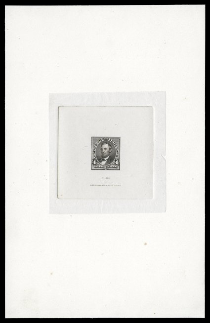 222-E2, 4c Black brown, large die essay on India, with Lincoln vignette facing left, die sunk on full size card measuring 131x224mm, with C - 226 and American Bank Note Co.
N.Y. imprints at bottom of India, exceptionally fresh and clean, ext