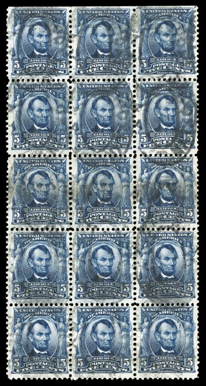 304, 5c Blue, exceptional used block of fifteen (3x5), natural s.e. at top, unusually well centered for a multiple of this size, rich luxuriant color, each stamp with Brooklyn,
N.Y. registry oval postmark, bottom right stamp with minor crease, o