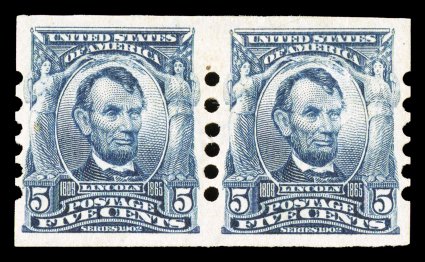 315, 5c Blue imperforate, Schermack Ty II perforations, an incredibly rare mint pair, possessing outstanding centering within large margins, deep rich color, o.g., h.r., small
thin spot in right stamp of little importance given the rarity of thi