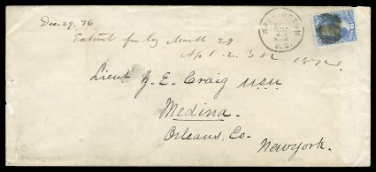 O38, 6c Navy, fine single used on legal size cover to Medina, N.Y. and cancelled by circular segmented cork postmark, with Washington, D.C.Dec 22, 1876 c.d.s. alongside, cover
bears on reverse a striking large Hydographic OfficeU.S. Navy c