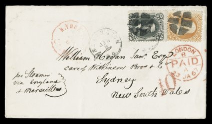 77, 15c Black, along with 30c Orange (71), just fine singles of each tied to attractive 1867 cover to Sydney, New South Wales by circular segmented cork cancels, along with
light strike of Washington, D.C.Jan 5 c.d.s., additional clear s